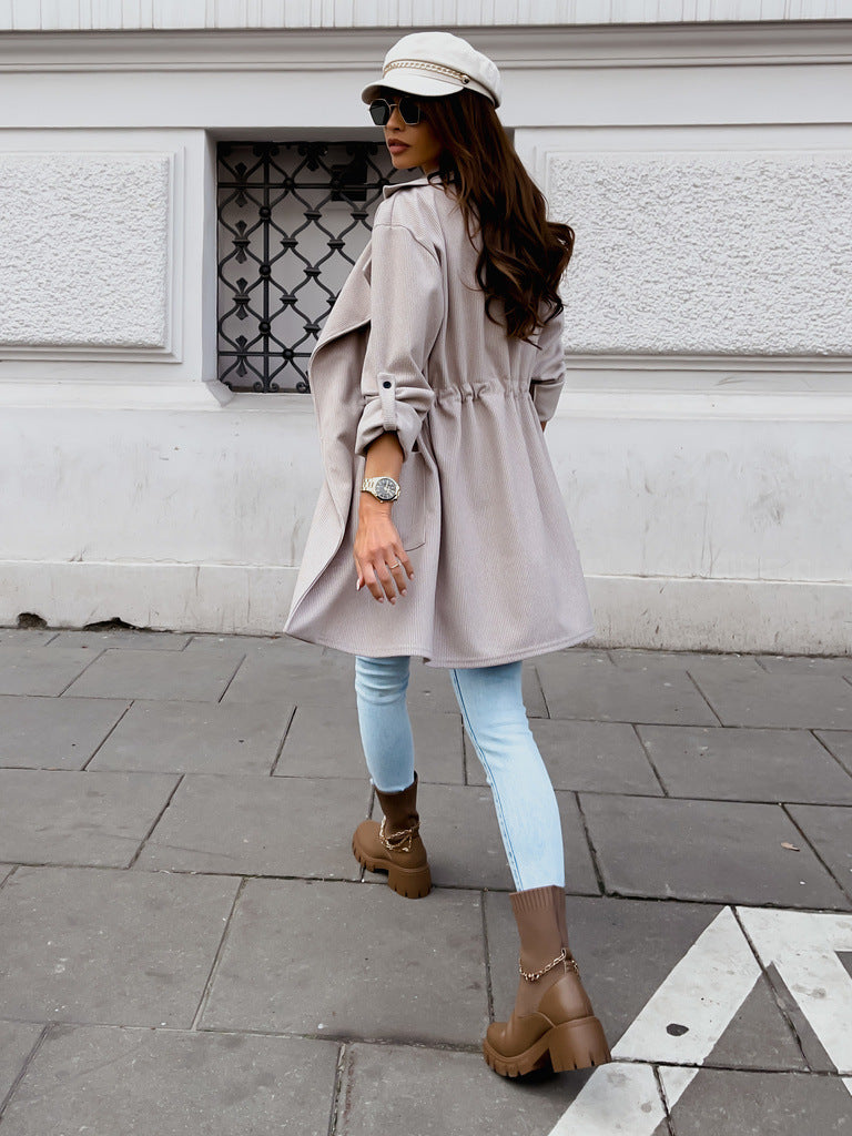 Fashion Suit Collar Drawstring Mid-length Trench Coat