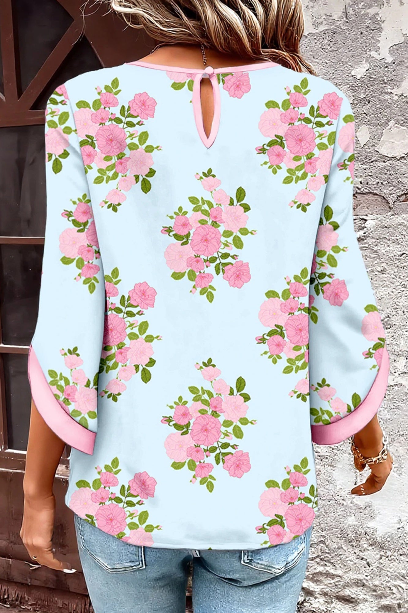 Blue Floral-print Buttoned-cuff Three-quarter-sleeve Crew-neck Shirt