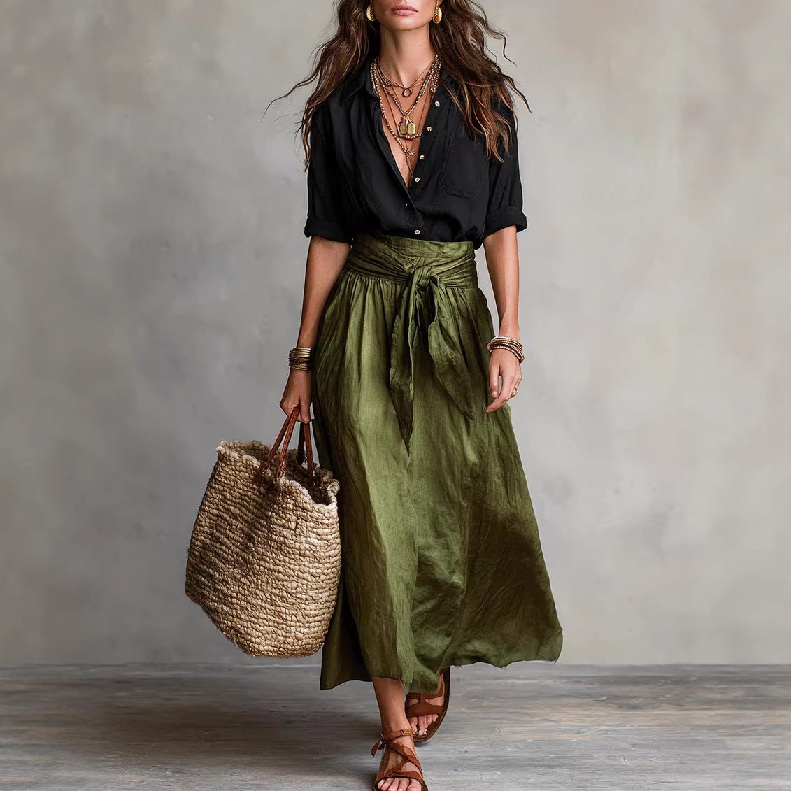 Women's Casual Fashionable Skirt And Shirt Two-Piece Set