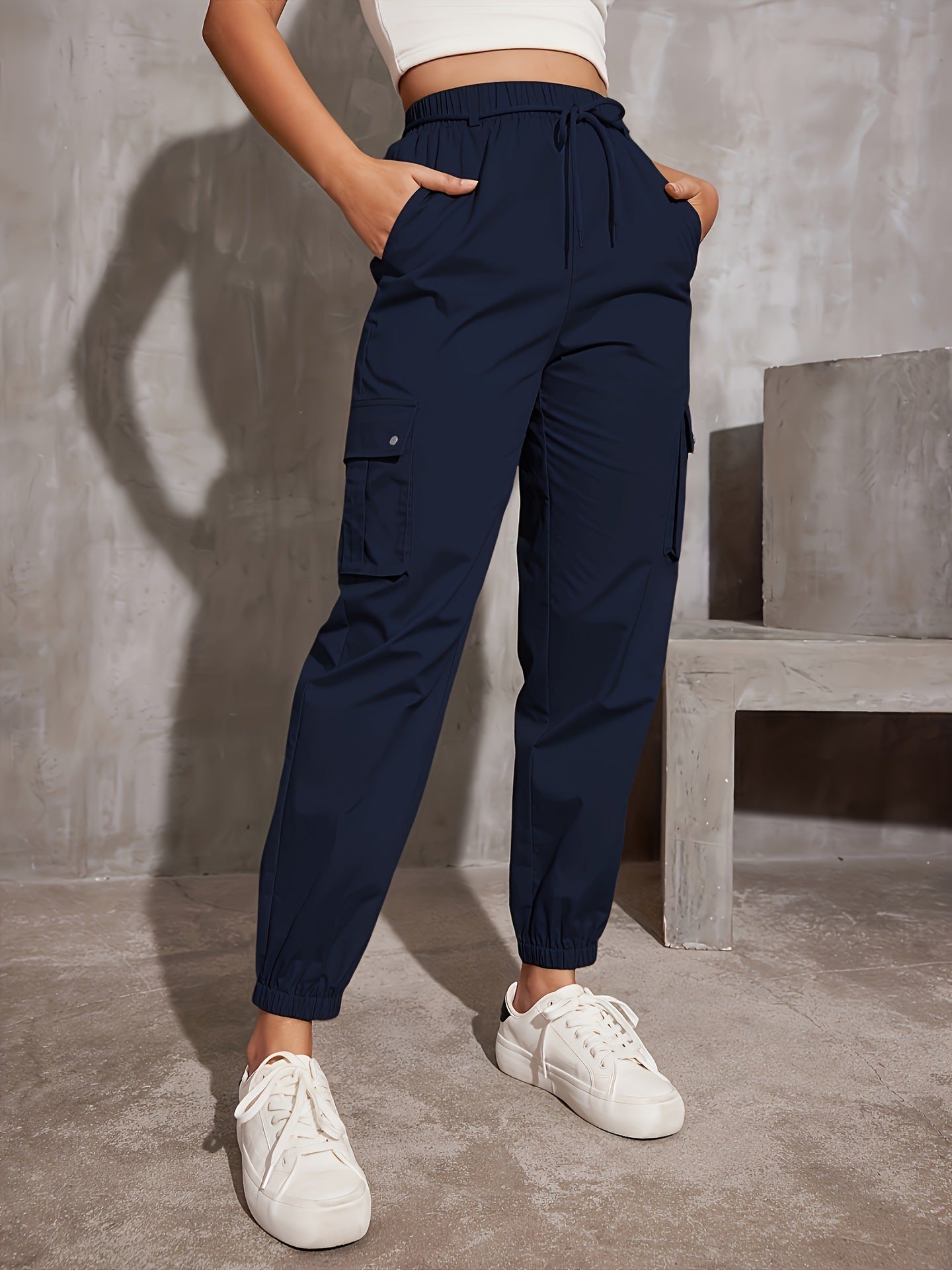 Polyester High Waist Wide Leg Sportsbukser med Ankelbindebånd