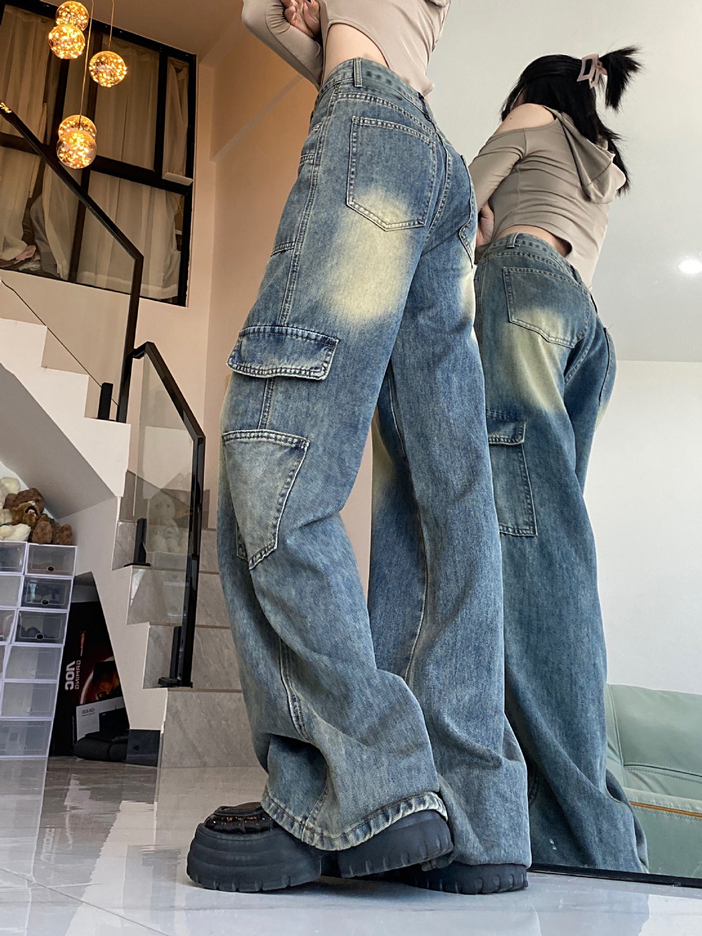 Amerikansk Workwear Lomme Brede Ben Denim Lige Bukser til Kvinder