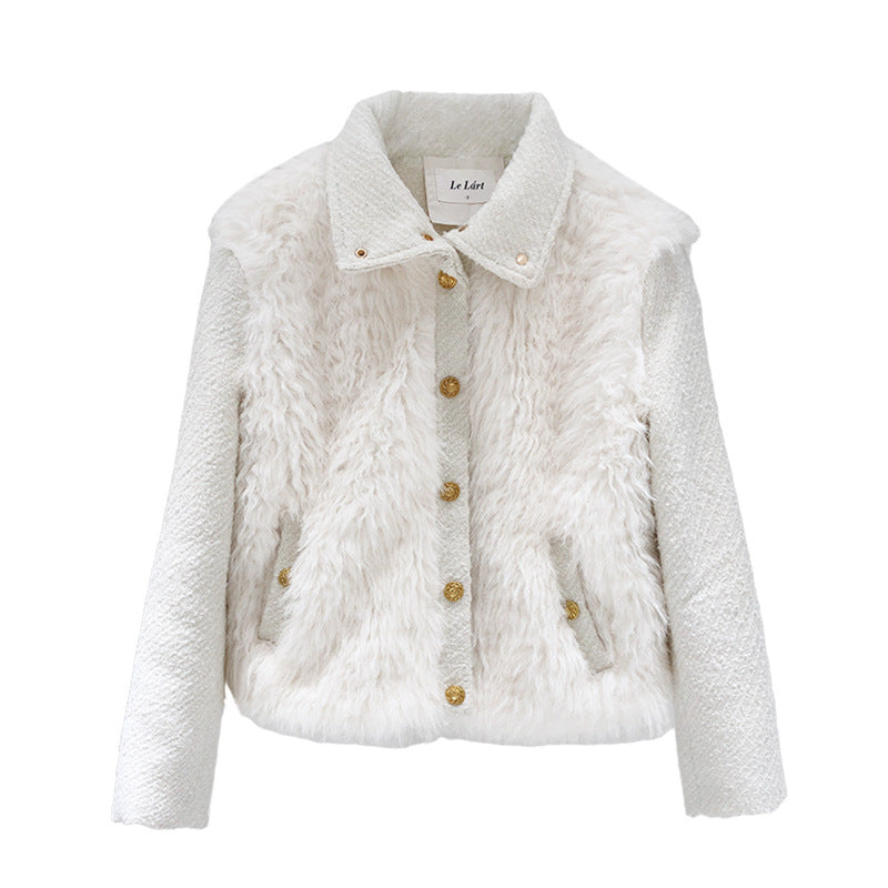 Temperament Small Fragrant Gold Buckle Tweed Faux Fur Coat