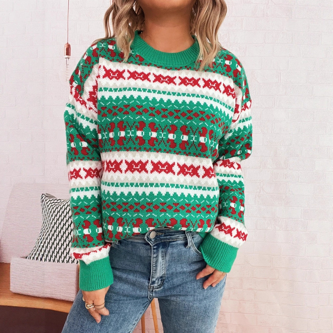 Cute Pattern Jacquard Contrast Color Round Neck Long Sleeve Casual Sweater
