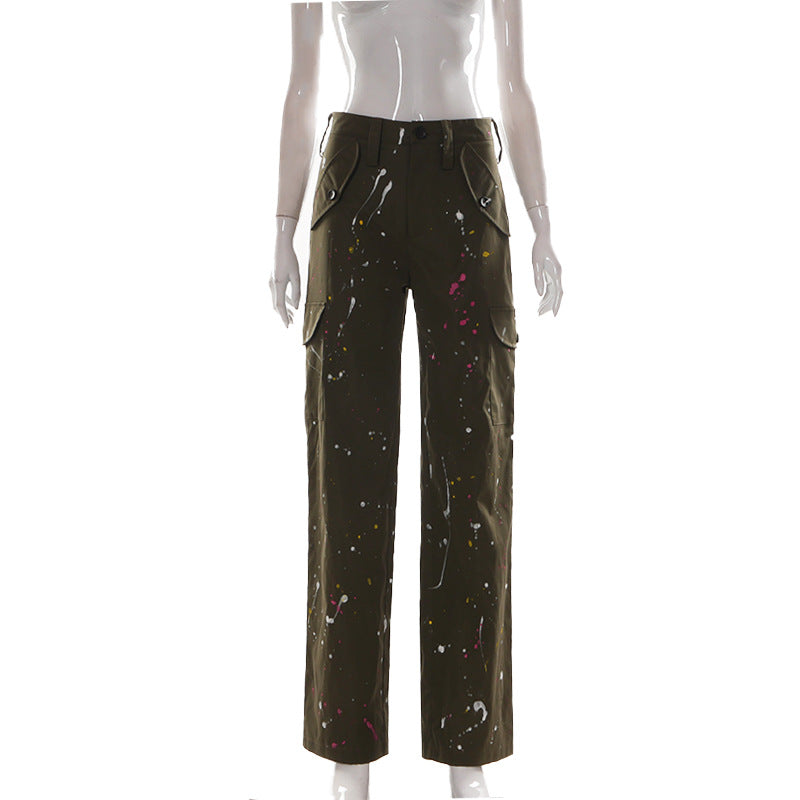 Three Honey Badger Women's Hand Painted Button Pocket Tooling Casual Pants