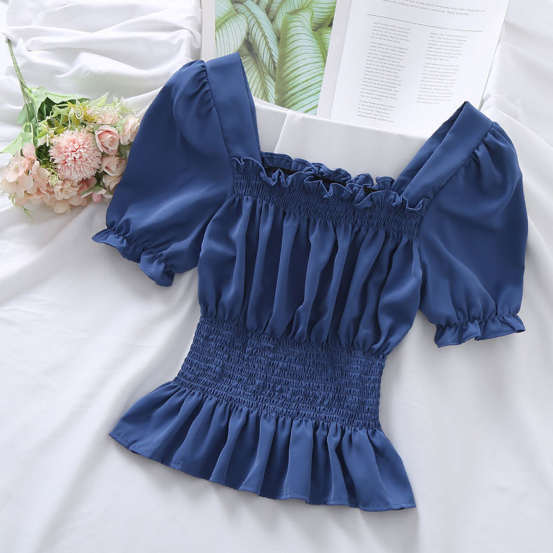 Summer New Design Sense Short Puff Sleeve Chiffon Shirt Women's Short Sleeve Square Collar Top