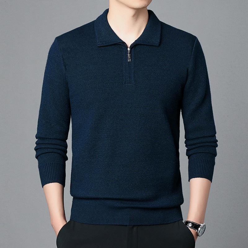 T-shirt Trendy High-end Men's Lapel Pullover Long Sleeve Knitted Sweater 100 Wool