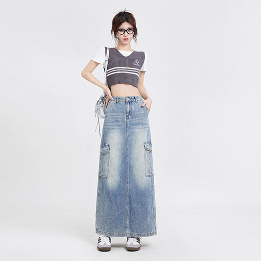Kvinders A-formet nederdel i denim – Moderne lang nederdel med vask