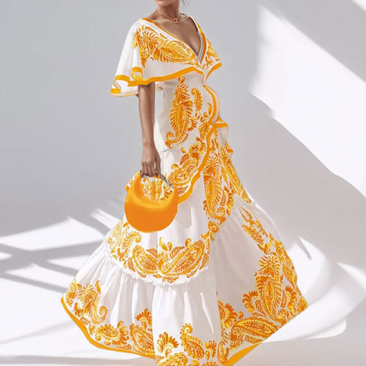 Elegant Chic Womens Printed V-neck Dress