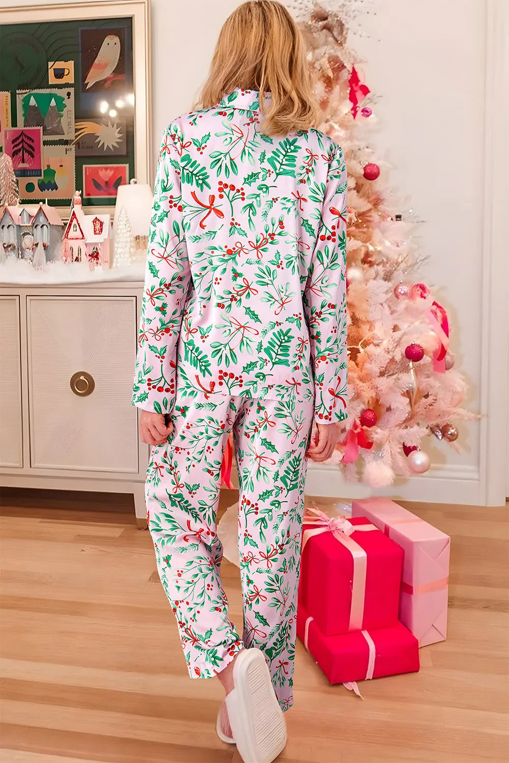 Julebær-planteprint pyjamas-sæt i satin med lange ærmer