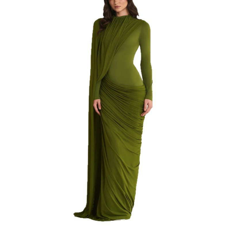 Womens Pleated Ribbon Crew-Neck Long-Sleeve Dress