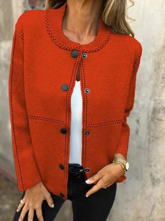 Ins Black-striped Button Cardigan Fashion Sweater Loose Round Neck Long Sleeve Cropped Tops Women's Clothing
