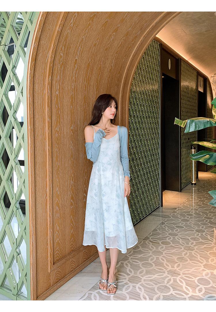 Blue Printed Halter Dress With Chiffon Waistband