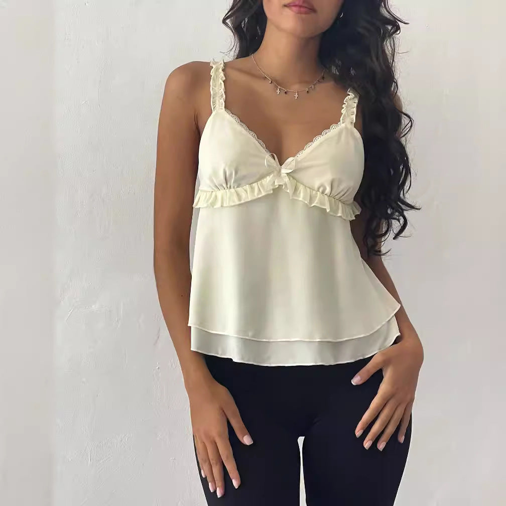 Chiffon Stitching Lace Pleating Sling Top