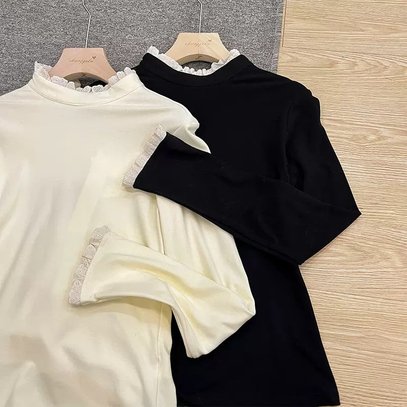 Spliced Lace Trim Semi-high Collar Slim-fitting Slimming Warm Base Shirt