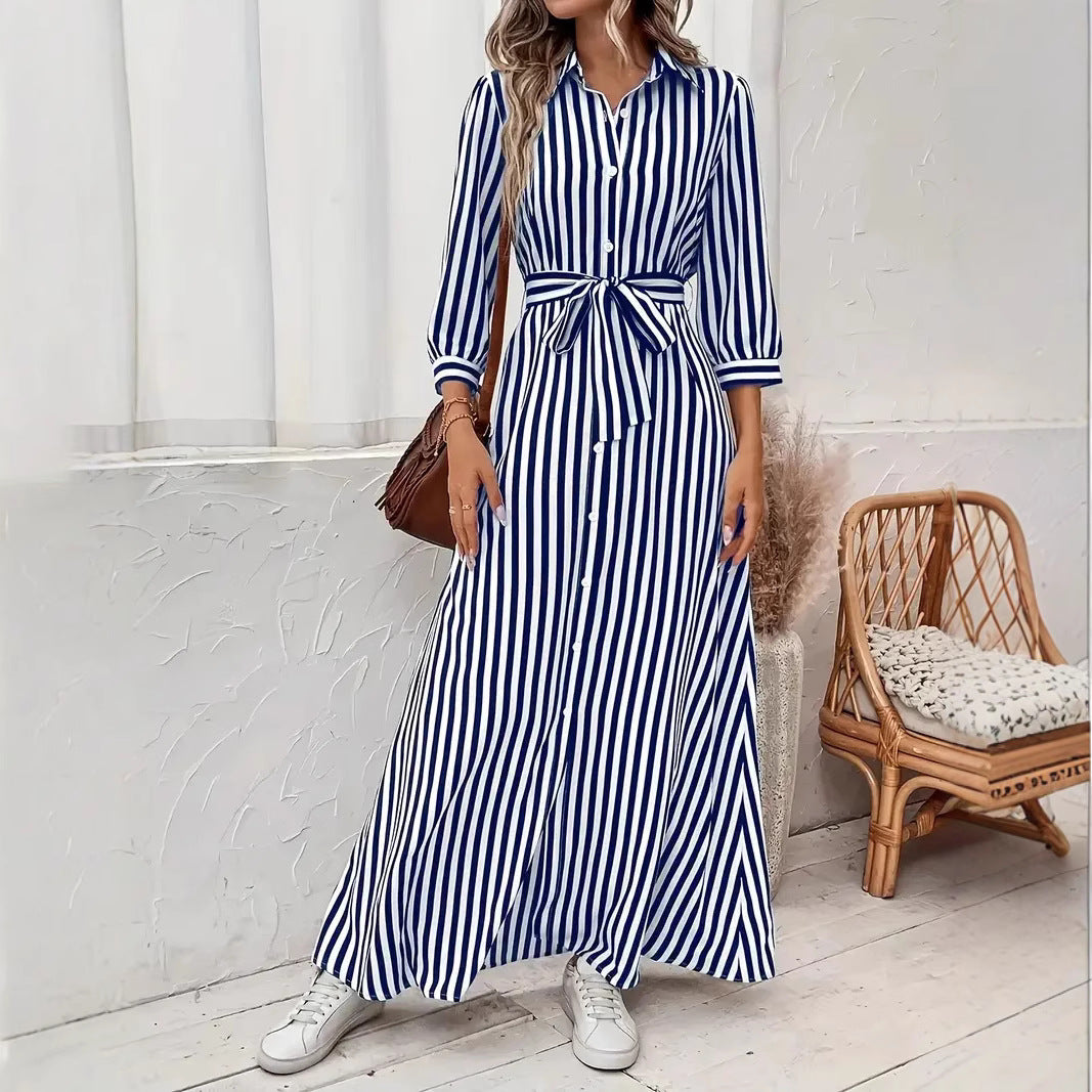 Womens Fashion Striped Cardigan Lapel Shirt Dress