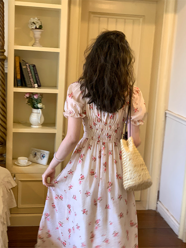 French Retro Court Style Floral Square Neck Dress