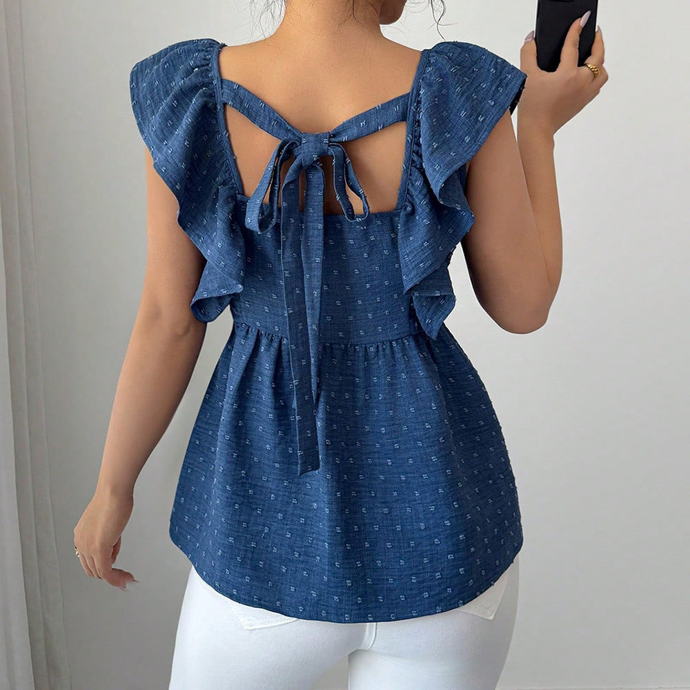 Korean-style Polka-dot Printed Bishop-sleeve Top