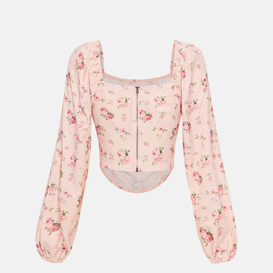 Bluse med lange ærmer og blomstermønster til kvinder