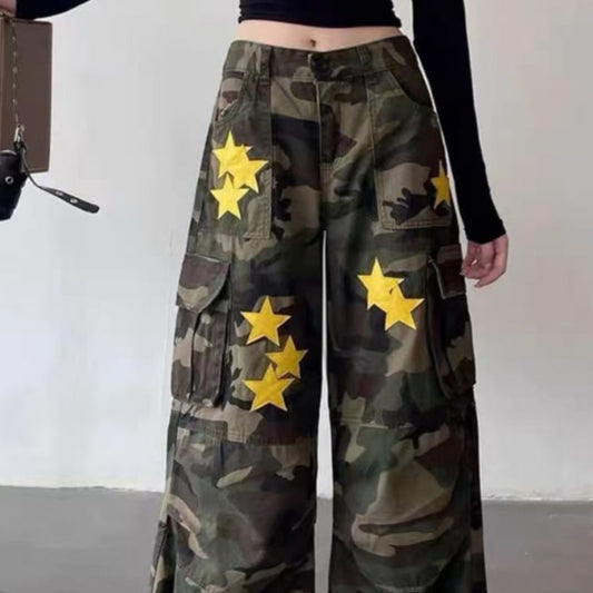 American Retro Workwear Women's Loose Straight Wide Leg XINGX Camouflage Jeans