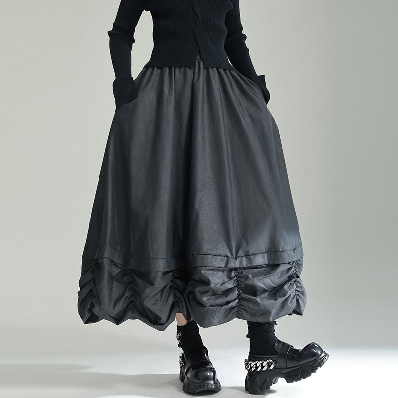 Pleated Bud Solid Color Umbrella Skirt