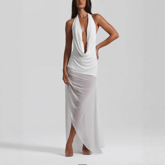 Deep V-neck Backless Sexy Asymmetrical Ruffled Dress