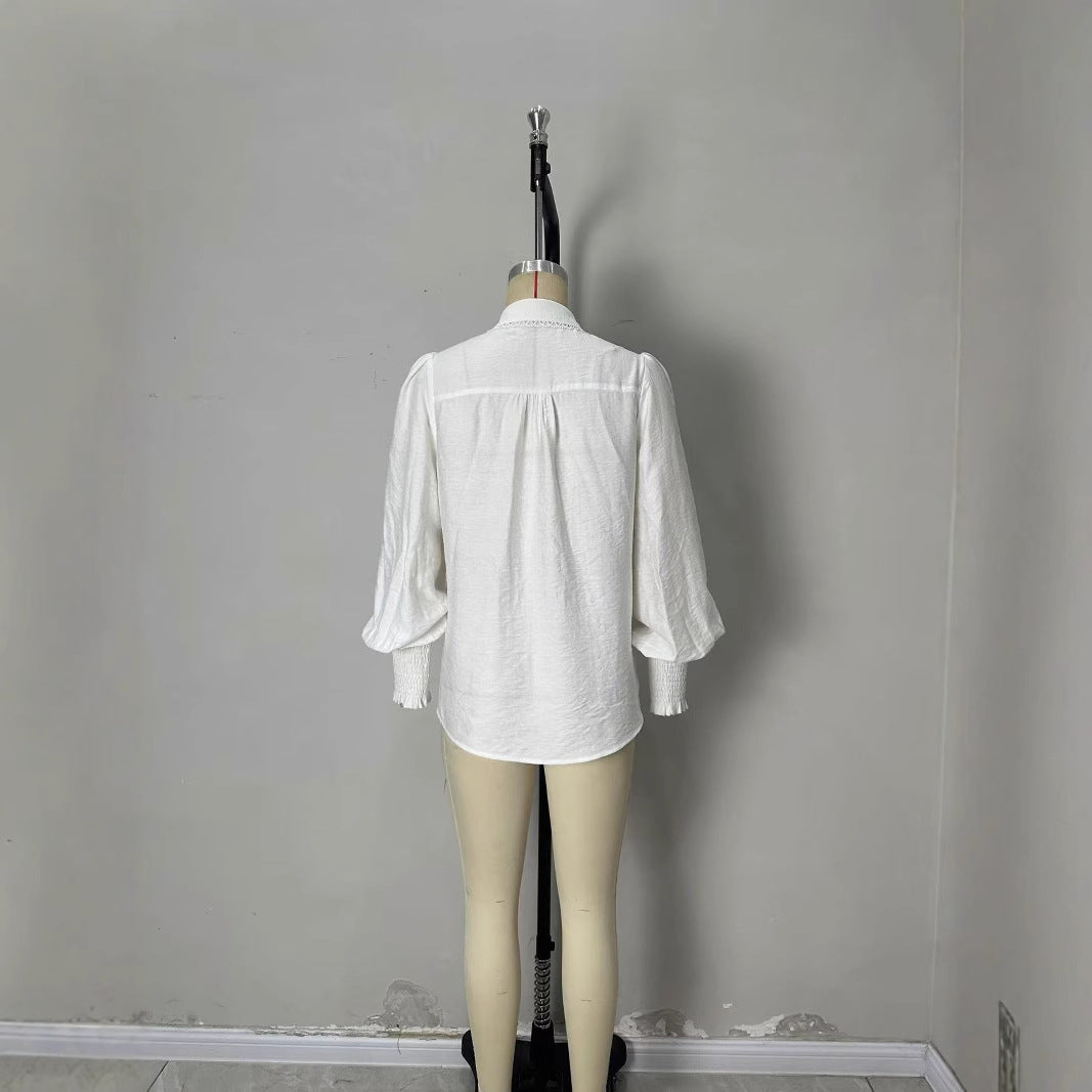 Lantern Sleeve Lace-trimmed White Blouse