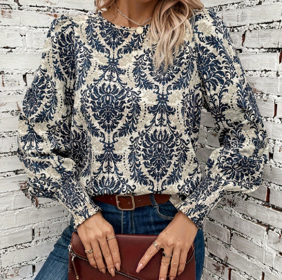 Printed Lantern Sleeve Round Neck Tied Shirt Top
