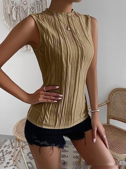 Women's Half Turtleneck Wide Pattern Vest Summer Retro Chic Sleeveless Top