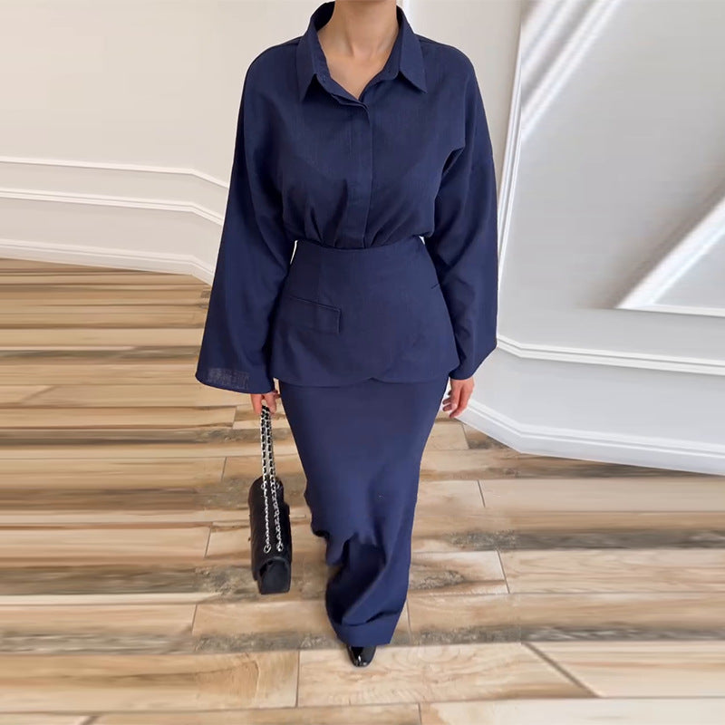 Elegant And Fashionable Three-piece Set Featuring A Collared Long Skirt