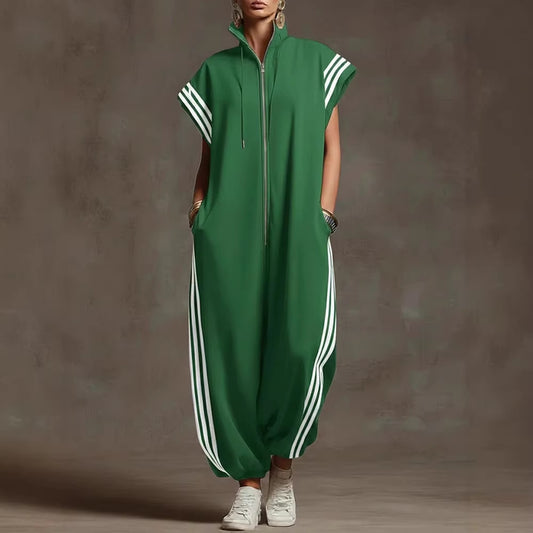 Striped Contrast-Color Jumpsuit With A Zippered Stand Collar
