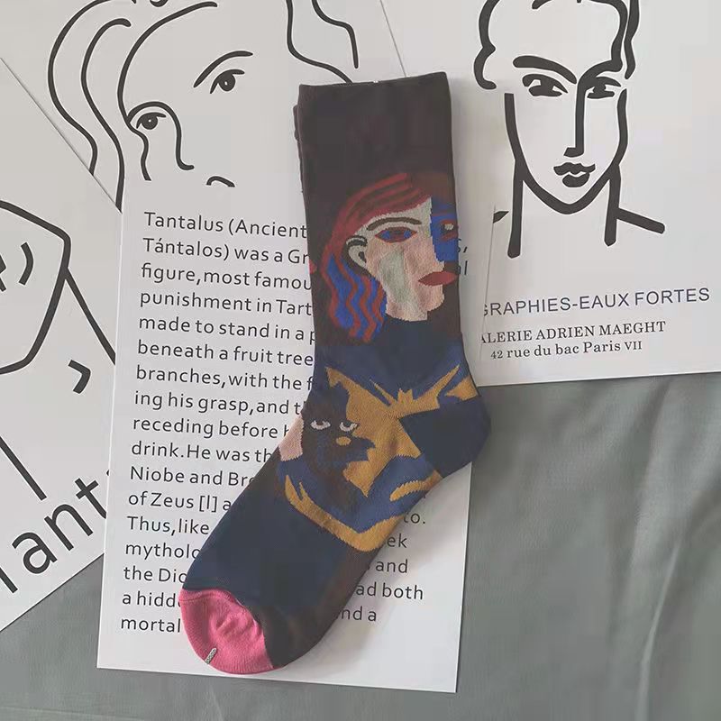 Trendy Mid-calf Length Socks Preppy Style Stockings Artistic Illustration Socks