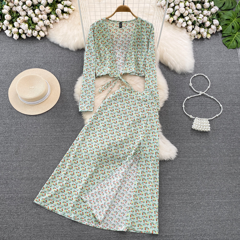 European And American-style Long-sleeve Deep V-neck Tie-up Top Two-piece Set