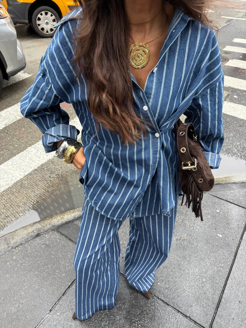 Casual, Relaxed-fit Striped Long-sleeve Shirt And Pants Set With A Turn-down Collar