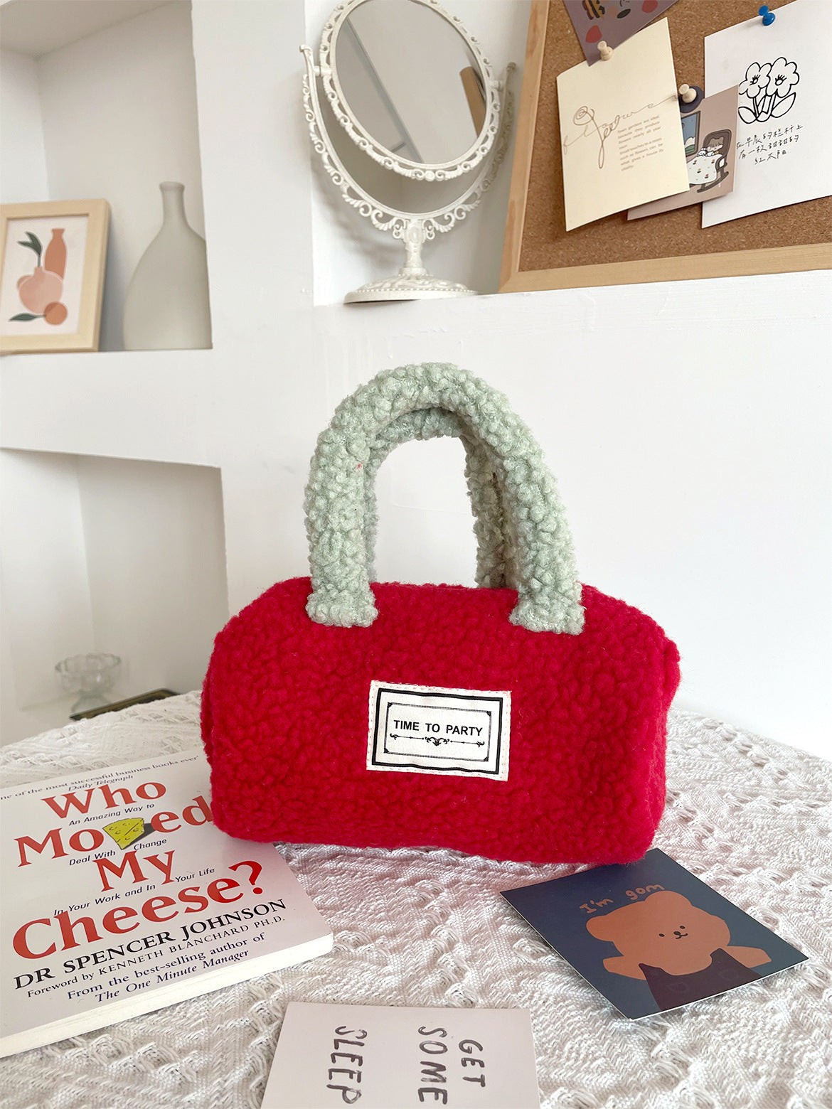 Plush Small Red Envelope Contrast Color Lamb Wool Hand Bag