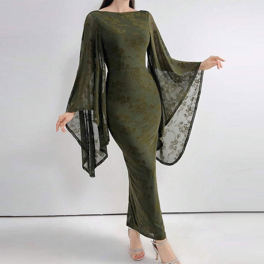 Womens Fashionable Fitted Waist Mesh Printed Dress