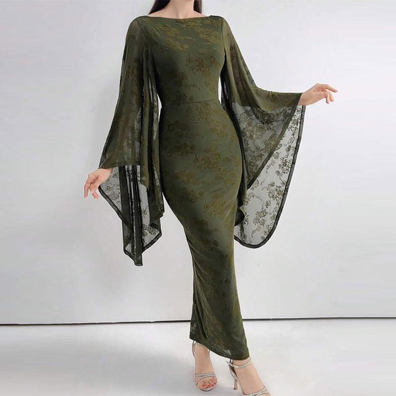 Womens Fashionable Fitted Waist Mesh Printed Dress