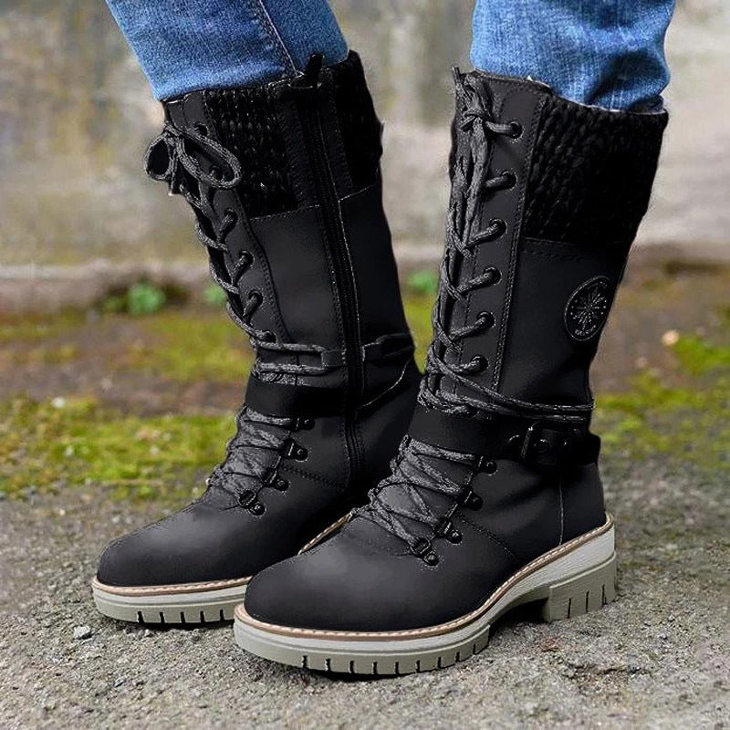 Round-toe Square-heel Leather-buckle Knit-mesh Dr Martens-style Boots