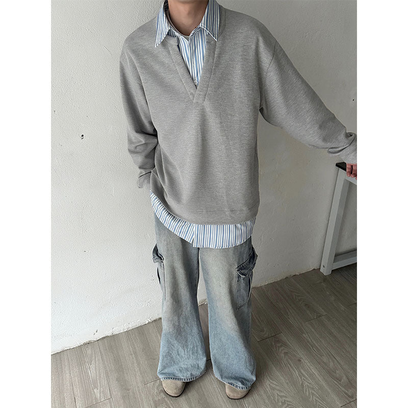 American Retro Loose False Two Pieces Long Sleeve Shirt