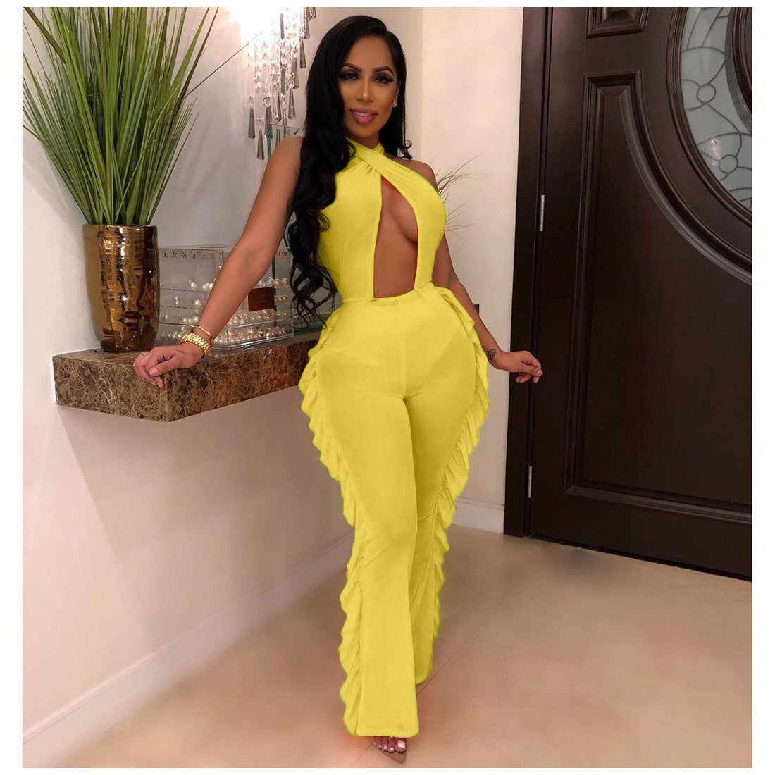 European And American Solid Color Swimwear Mesh Jumpsuit With Panties