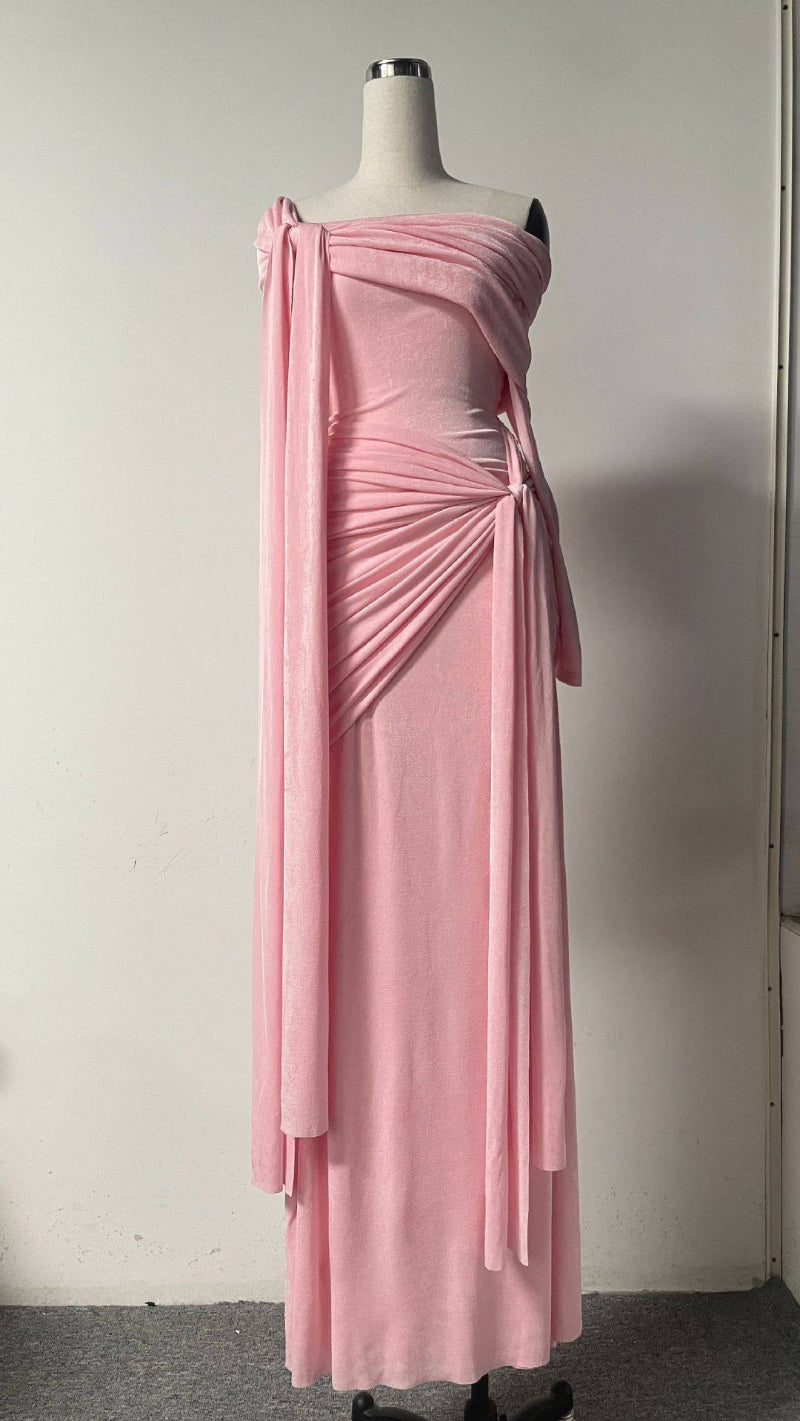 Rare Flowy Yellow Spliced Off-shoulder Dress With Irregular Pleats And Draped Shoulder Detailing