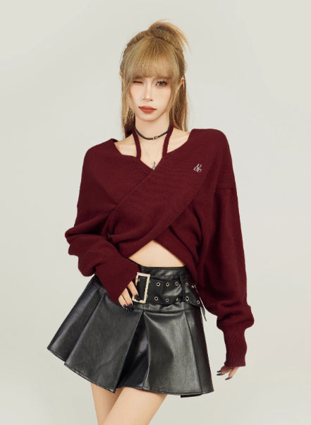 Wine Red V-neck Off-shoulder Short Sweater For Women