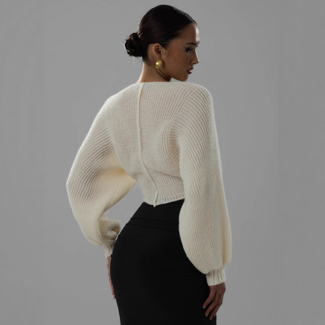 V-neck Midriff-baring Short Temperamental Knitted Sweater