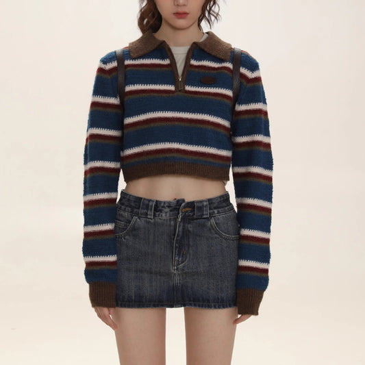 Vintage Women's Loose Contrast Color Striped Polo Collar Sweater