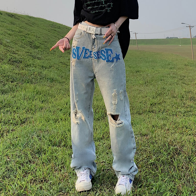 Ripped Letter Embroidered Heavy-duty Jeans