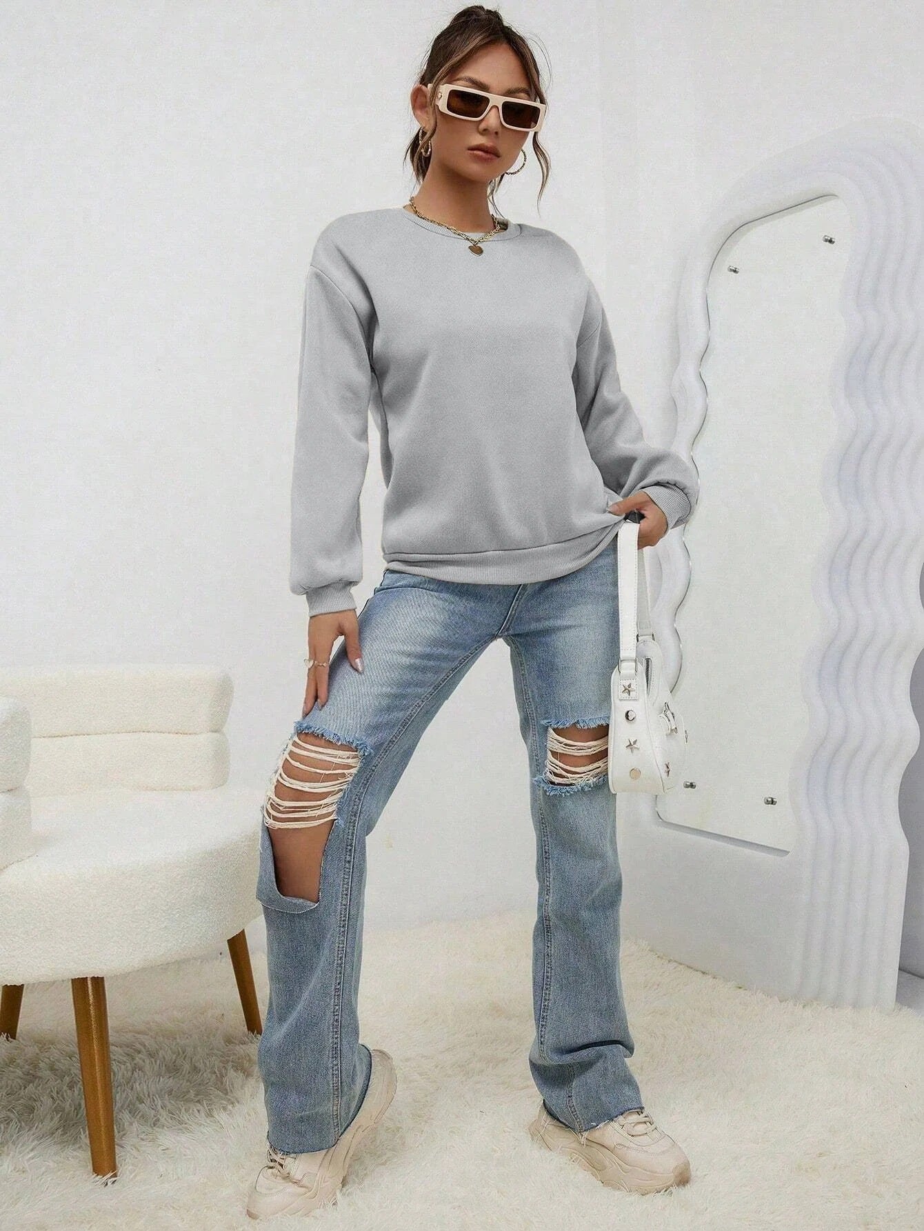 Solid Color Womens Sweatshirt Casual Comfortable And Loose Fitting Sporty Top