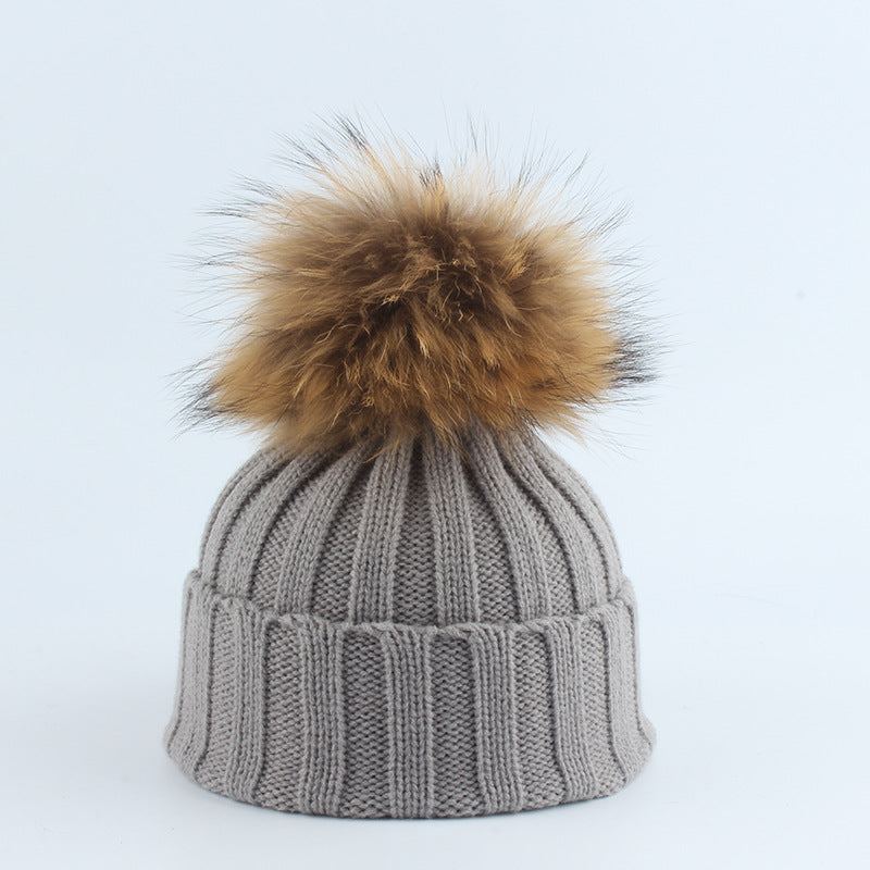 Parent-Child Children Raccoon Dog Fur Ball Hat Thermal Knitting