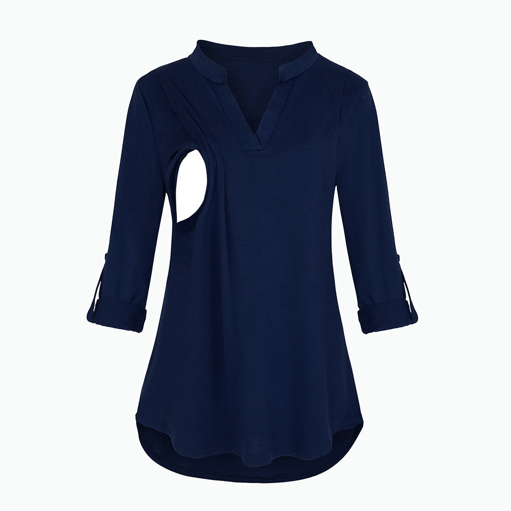 Plaid Printed Pregnant Woman Breastfeeding V-neck Long Sleeve Top