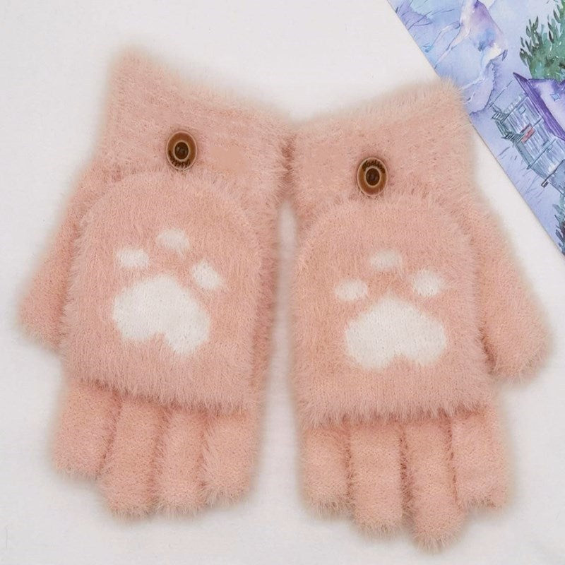 Gloves Women's Warm Cute Half Finger Gloves Imitation Mink Cat Claw Flip Yarn Fingerless Gloves