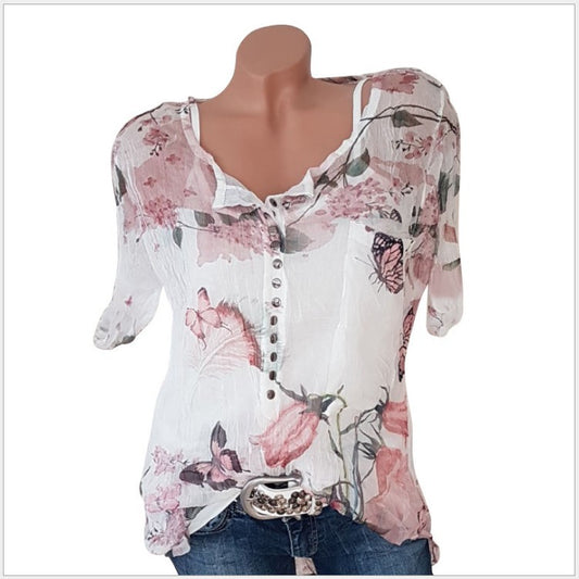 Short Sleeve Printed Shirt Button Top Chiffon Shirt