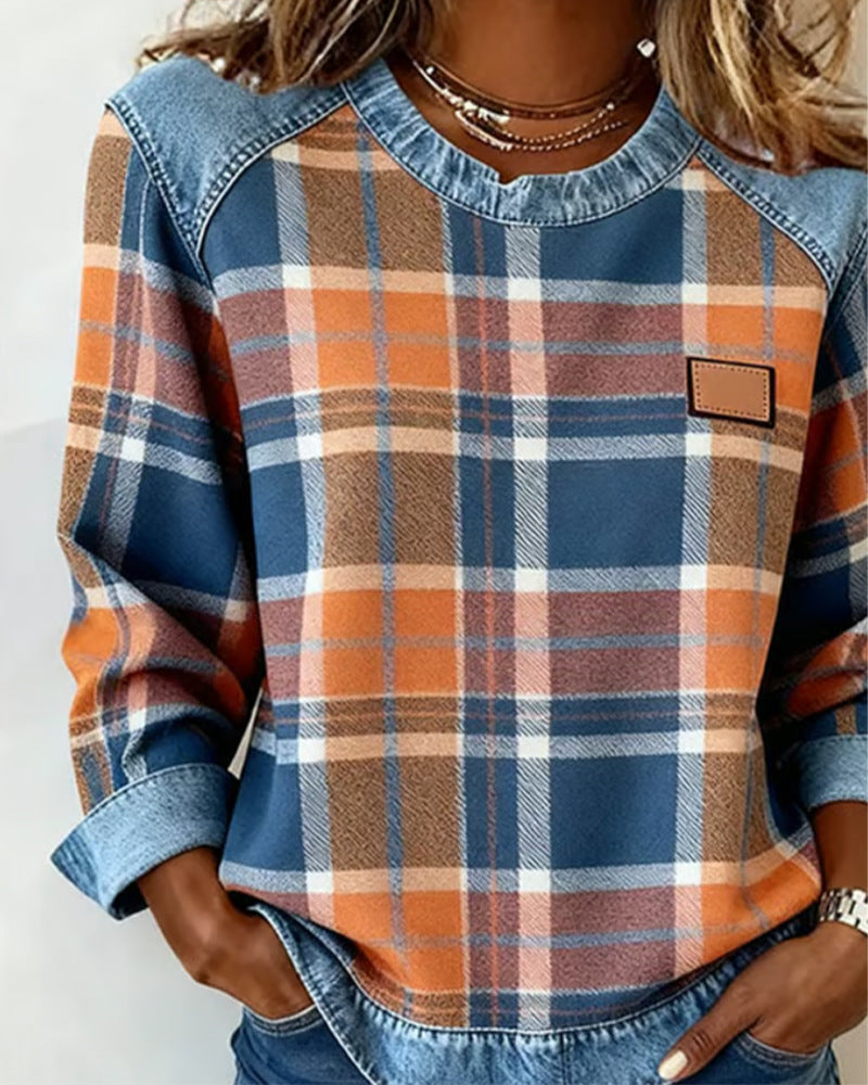 New Plaid Patchwork Loose-fitting Womens Crew-neck Blouse